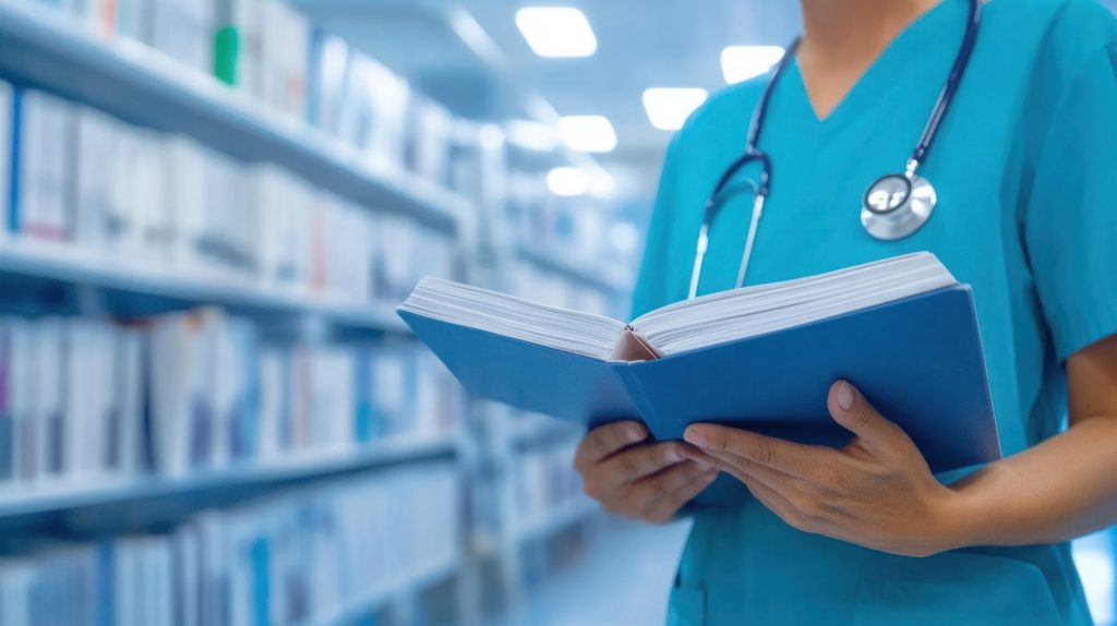 Close-up of a medical professional in teal scrubs reading a open textbook with high bookshelves in the background.